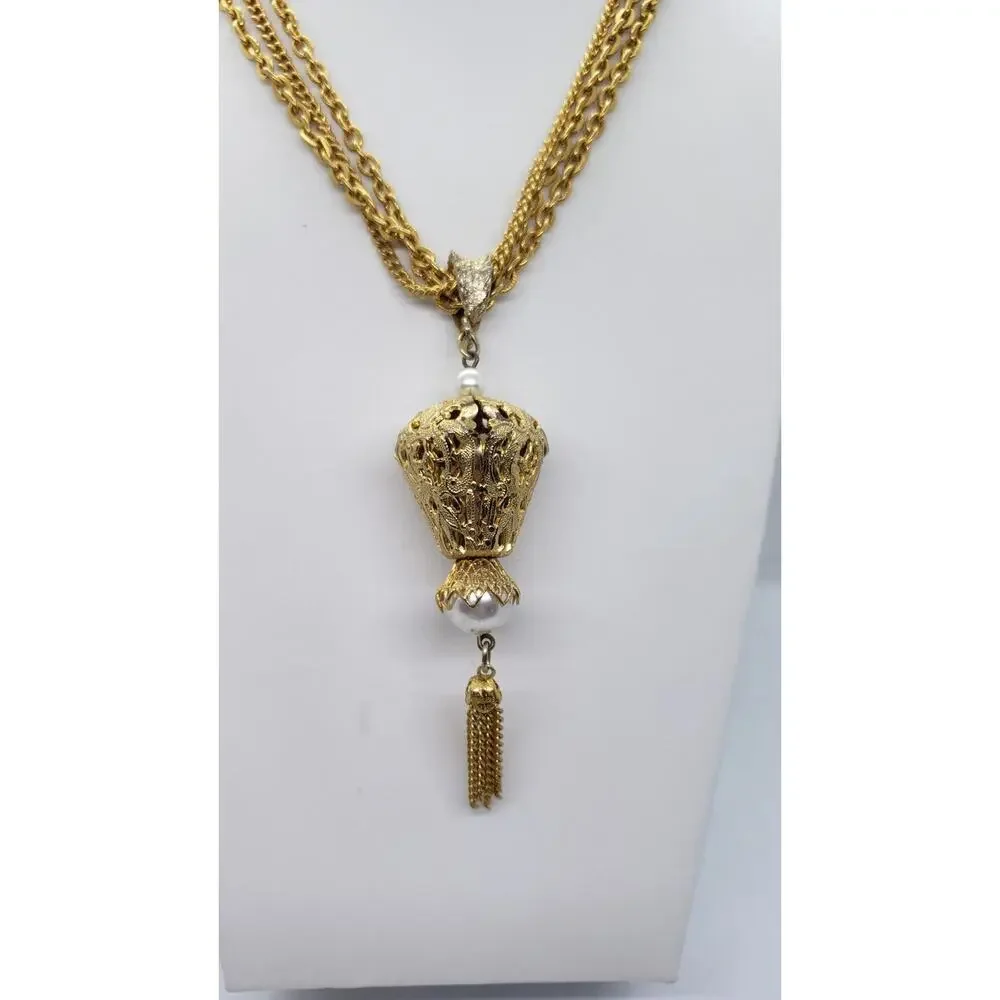 Vtg Pearl Pendant Necklace Tassel Triple Chain Gold Plated 70s Celebrity